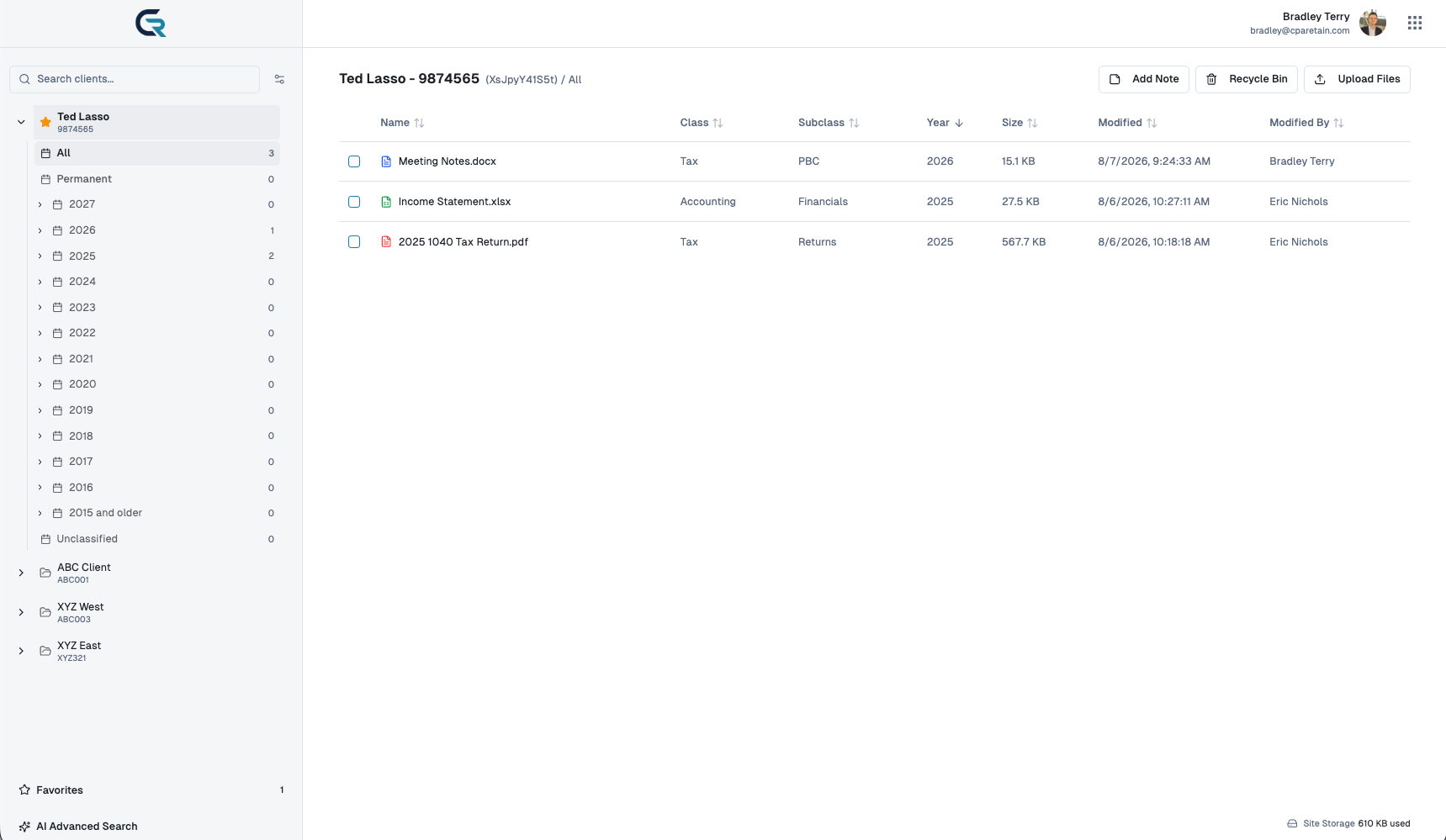 CPA Retain document workspace with client folders and files